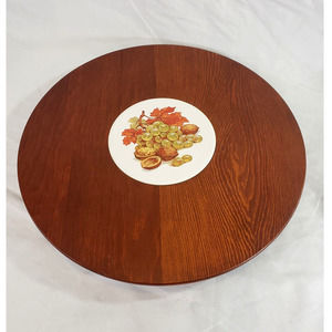 Vintage Wood Lazy Susan 16" With Round Tile in Center Grapes Walnuts